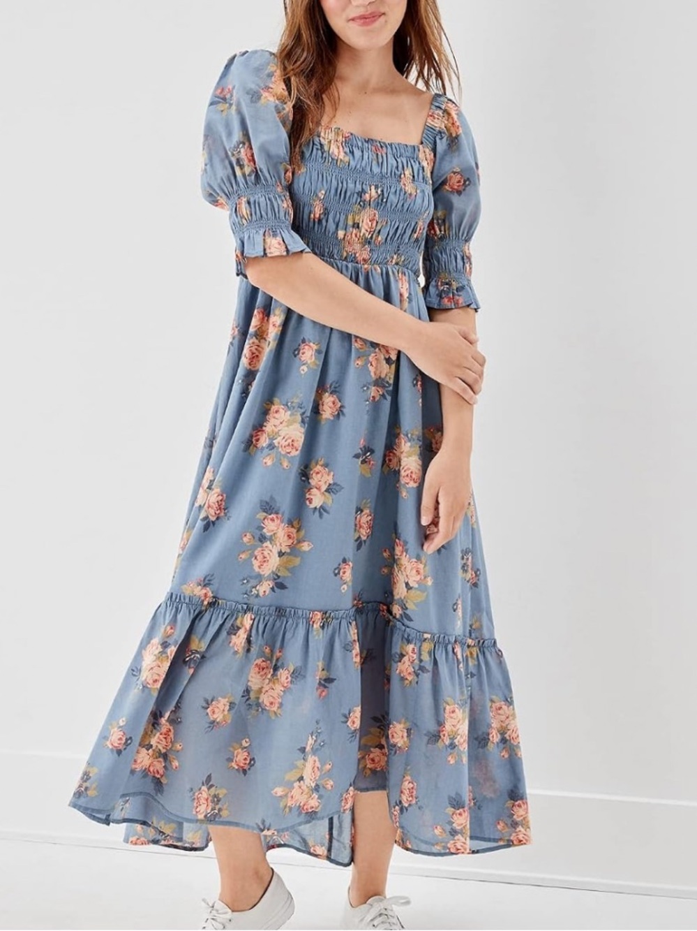 American Eagle women’s blue floral hi low smocked midi maxi dress L